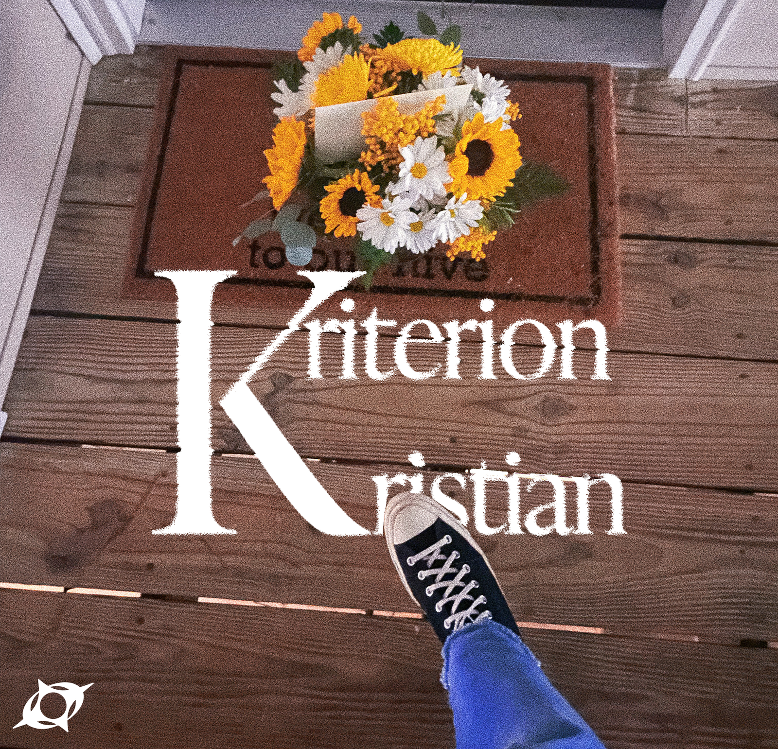 A set of flowers dropped off on a doorstep, with KriterionKristian text over top of it